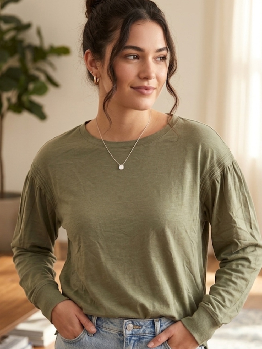 LOFT Olive Long-Sleeve Crewneck Top Casual Women's Tee NWT small fall cottage